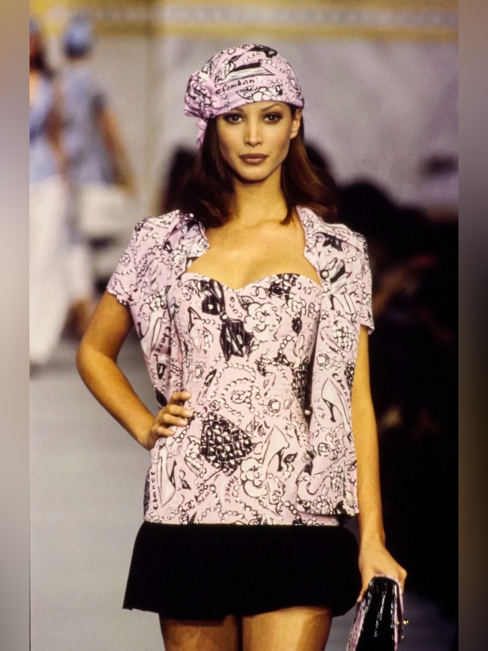 CHANEL 93P Pink Cotton Scarf Camellia Pearls Bows Classic Flap Bag Sketch Motifs - Picture 6 of 6